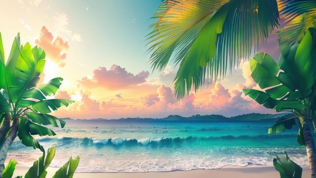 A beach scene with a palm tree and a sunset