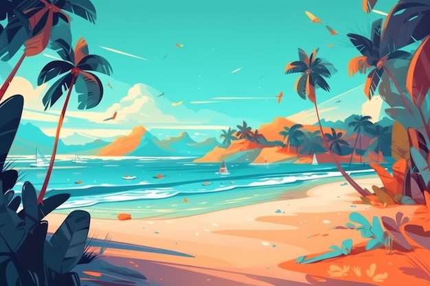 A beach scene with a palm tree and the word beach on it.