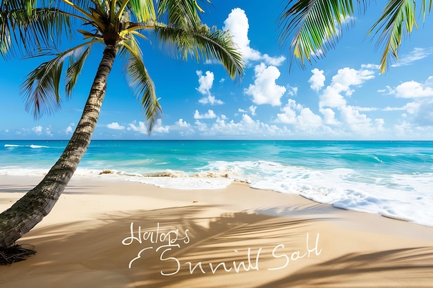 Photo a beach scene with palm trees and a beach scene with the word hello summer on it