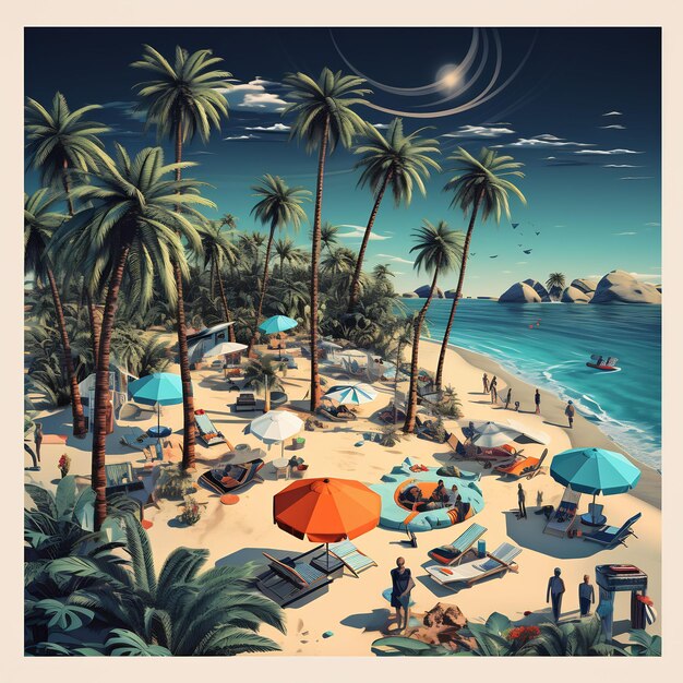 a beach scene with palm trees and a beach scene