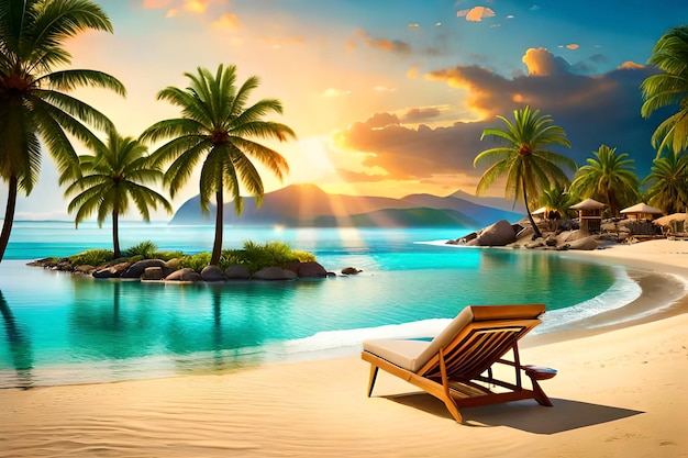 Beach scene with palm trees and a beach scene