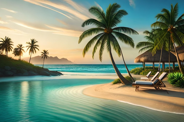 A beach scene with palm trees and a beach scene