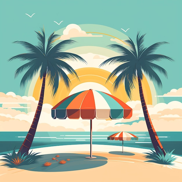 a beach scene with palm trees and a beach umbrella