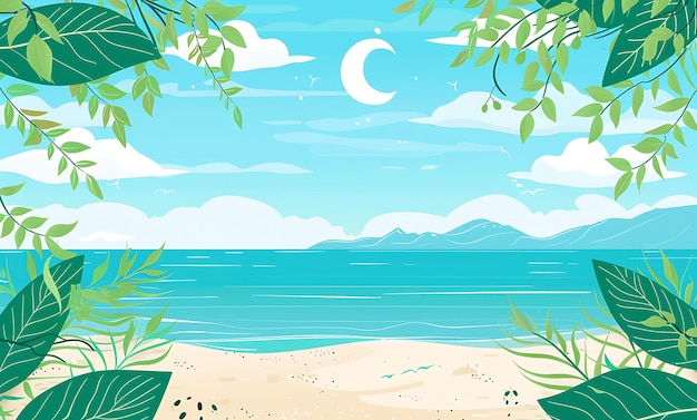 Photo a beach scene with palm trees and a beach with a moon in the sky
