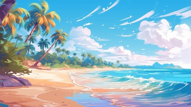 A beach scene with palm trees and a blue sky with clouds