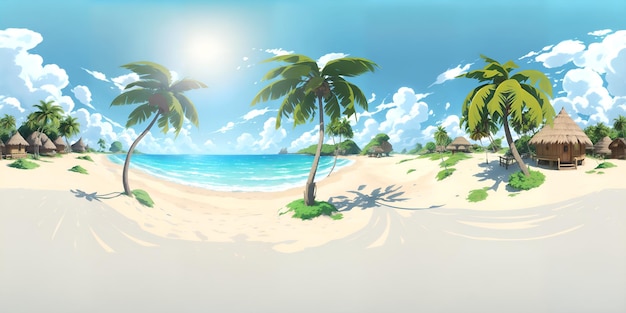 A beach scene with palm trees and a blue sky