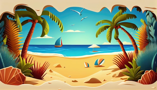 A beach scene with palm trees and a blue sky.