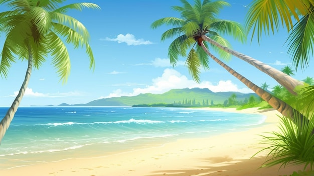 A beach scene with palm trees and a blue sky