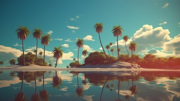 A beach scene with palm trees and a blue sky