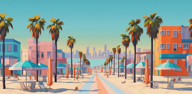 A beach scene with palm trees and a city in the background.