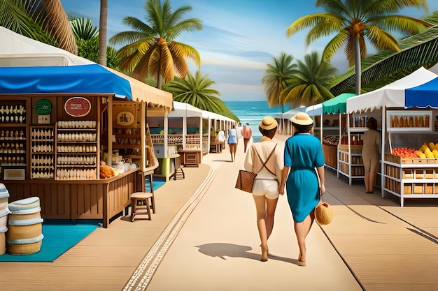 A beach scene with palm trees and a couple walking along the boardwalk