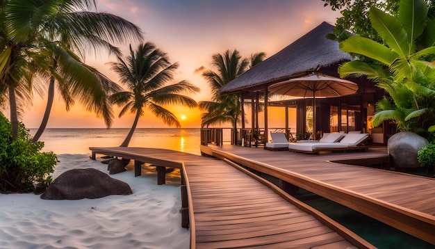 a beach scene with palm trees and a dock with a beach scene