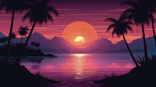 a beach scene with palm trees and a full moon