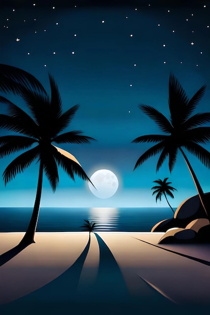 A beach scene with palm trees and the moon.