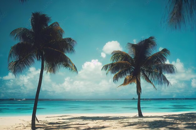 Пляжная сцена с пальмами и океаном на заднем плане.