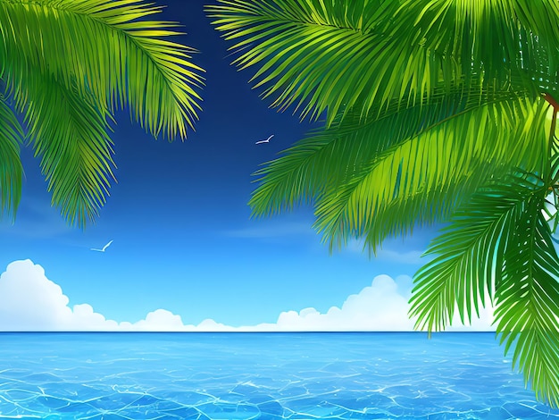 A beach scene with palm trees and the ocean