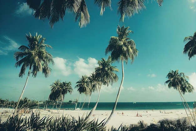 A beach scene with palm trees and people on the beach.