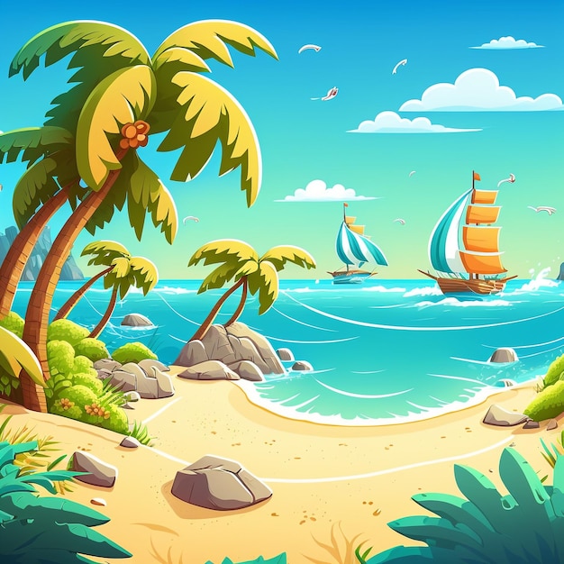 Photo a beach scene with palm trees and a ship on the water.