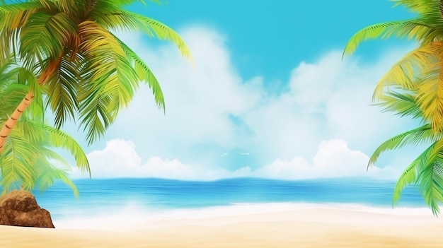 Пляжная сцена с пальмами и небом