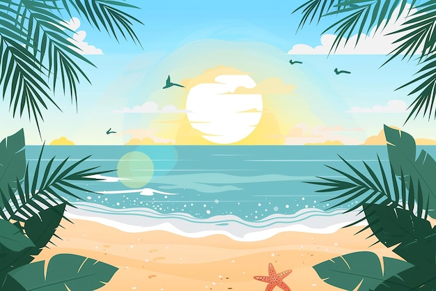 a beach scene with palm trees and a sun in the background