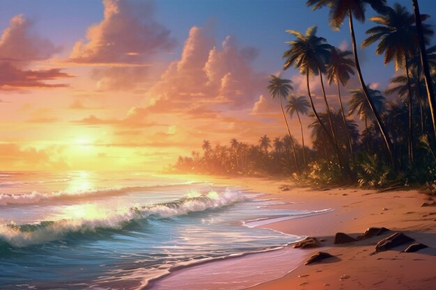 Photo a beach scene with palm trees and the sun setting in the background.