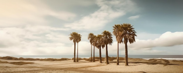 Пляжная сцена с пальмами и солнцем, сияющим на горизонте