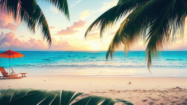 A beach scene with palm trees and the sun shining through the leaves.