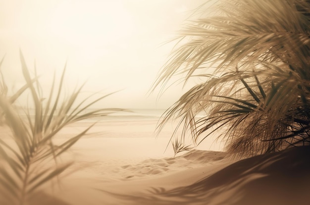 A beach scene with palm trees and the sun shining through the sand