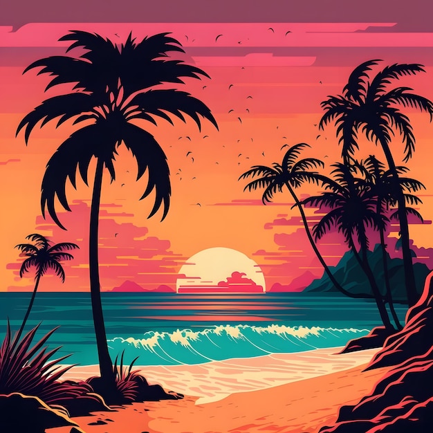 A beach scene with palm trees and the sun
