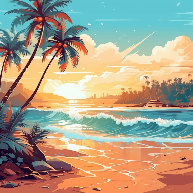 A beach scene with palm trees and the sun