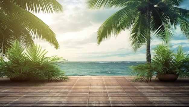 A beach scene with palm trees and a sunset