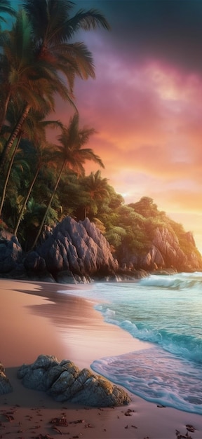 A beach scene with palm trees and a sunset