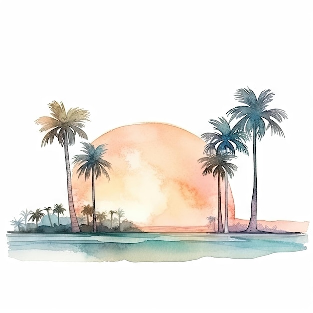 A beach scene with palm trees waves and a setting sun