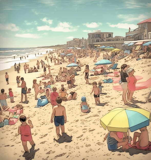 A beach scene with people on the beach and a woman in a bathing suit