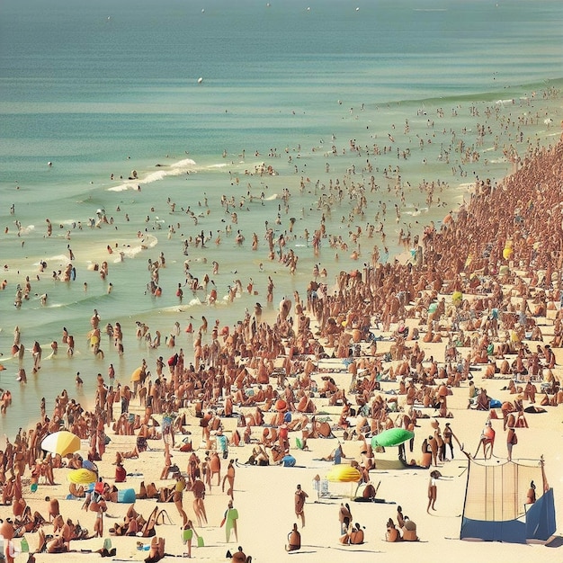 A beach scene with people on it and a blue umbrella on the right.