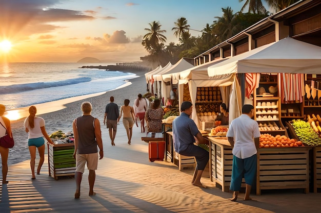 Photo a beach scene with people walking and a fruit stand on the beach.