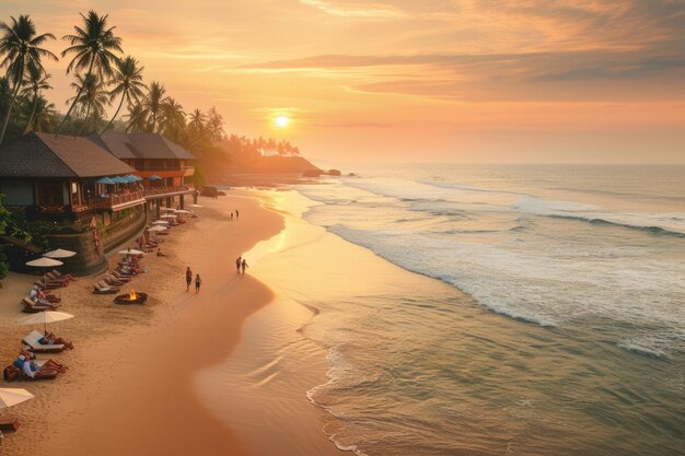 Beach scene with people walking on sand at sunset