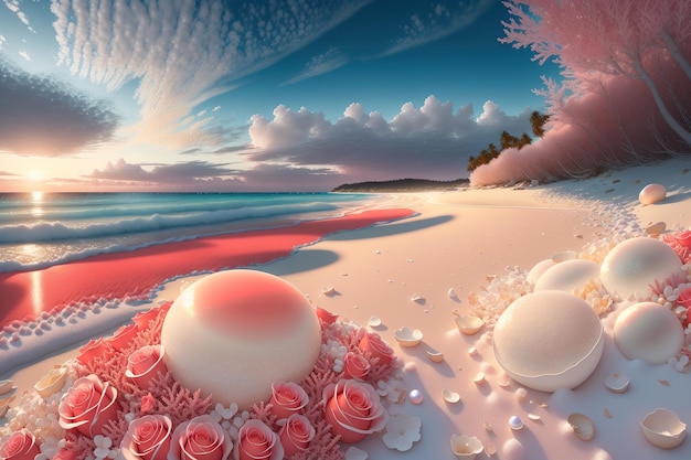 A beach scene with a pink and white egg on the beach.