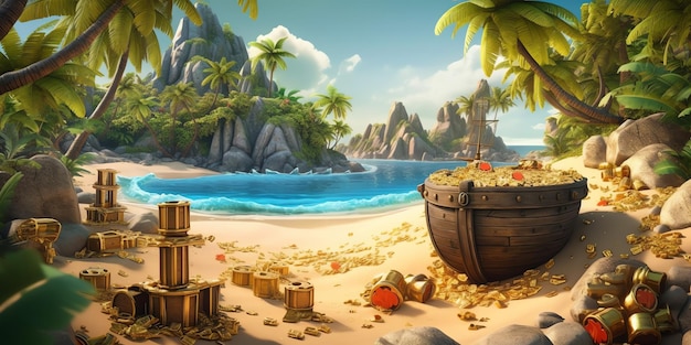 A beach scene with a pirate ship and a palm tree.