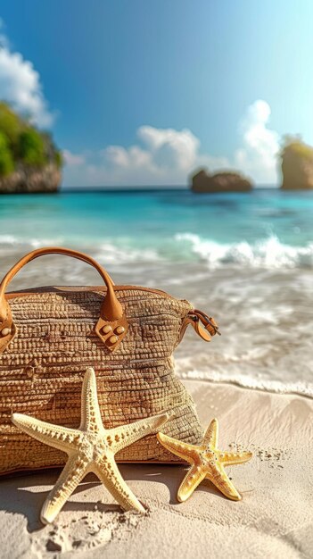 A beach scene with a purse and two starfish on the sand