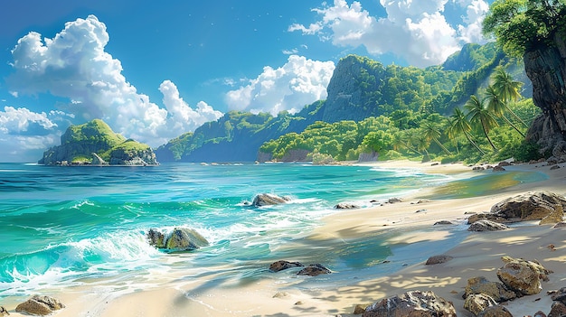 пляжная сцена с камнями и океаном на заднем плане