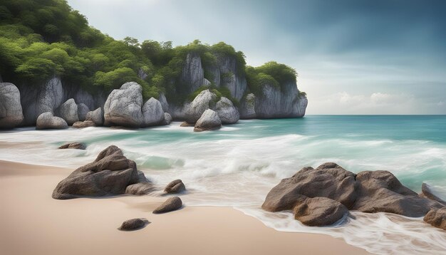 Photo a beach scene with rocks and trees in the background