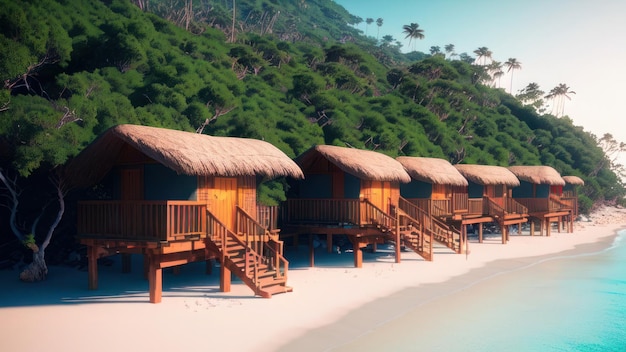 A beach scene with a row of bungalows and palm trees.