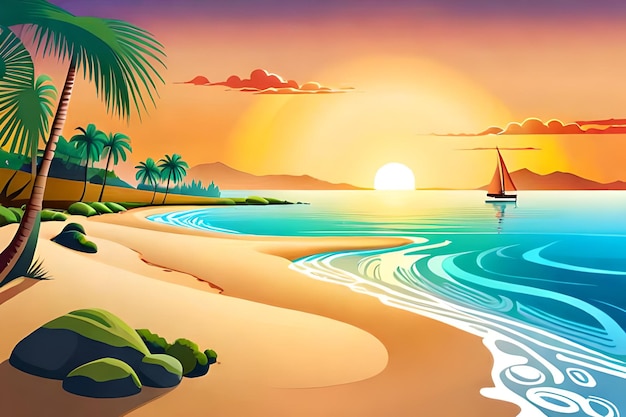 A beach scene with a sailboat on the water.