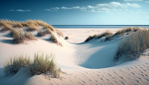 A beach scene with a sand dune and the sea in the background.