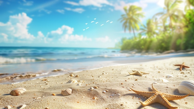 a beach scene with a sand and palm trees in the background