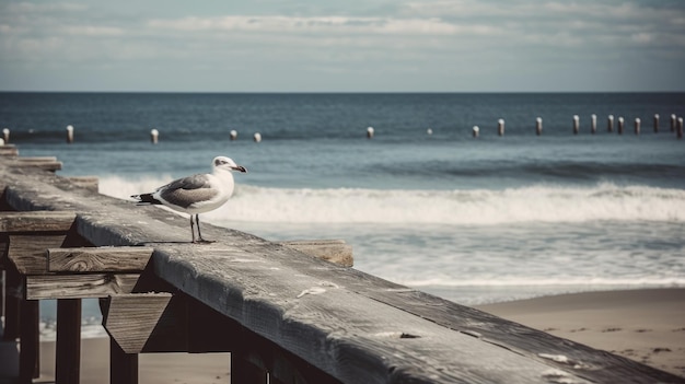 Пляжная сцена с чайкой, сидящей на пирсе