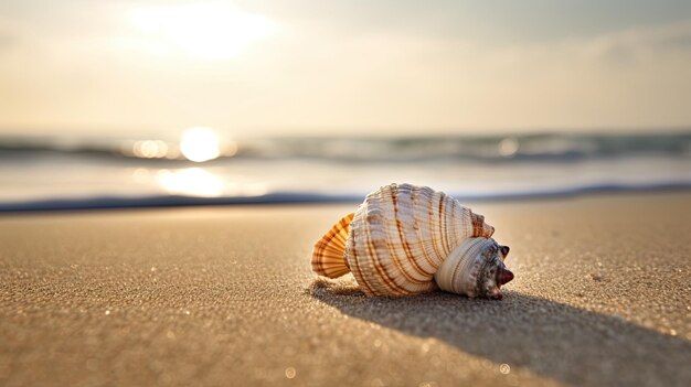 A beach scene with a seashell on a sandy beach Generative AI