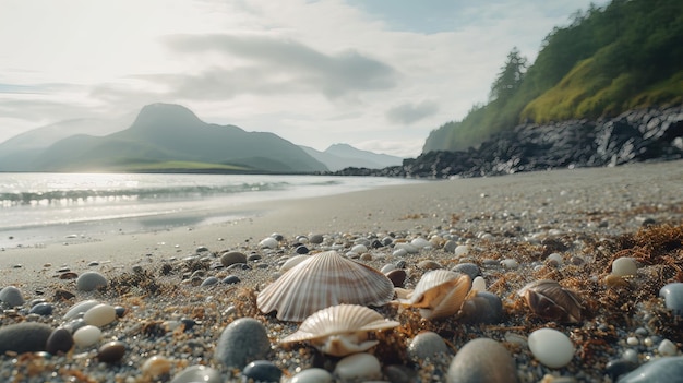 A beach scene with shells and mountains in the background