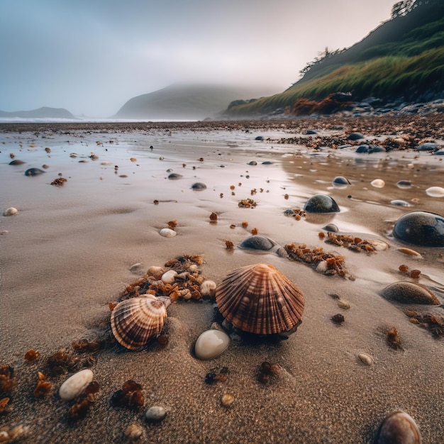 A beach scene with shells and rocks on the sand.